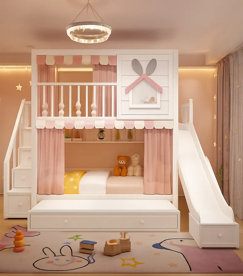 سرير-اطفال (3) سرير أطفال دورين مريح – تصميم آمن بزاوية ناعمة – خشب متين وسلال تخزين – مثالي للمساحات الصغيرة