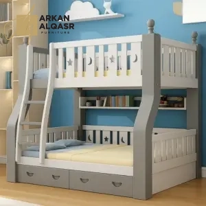 سرير دورين أطفال خشبي بتصميم نموذجي – سلم جانبي آمن – لون أبيض – ضمان سنتين