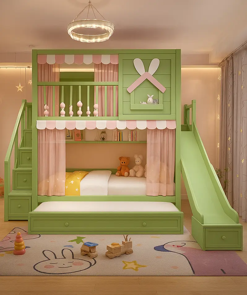 سرير-اطفال (4) سرير أطفال دورين مريح – تصميم آمن بزاوية ناعمة – خشب متين وسلال تخزين – مثالي للمساحات الصغيرة