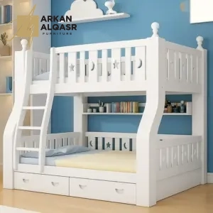 سرير دورين أطفال خشبي بتصميم نموذجي – سلم جانبي آمن – لون أبيض – ضمان سنتين