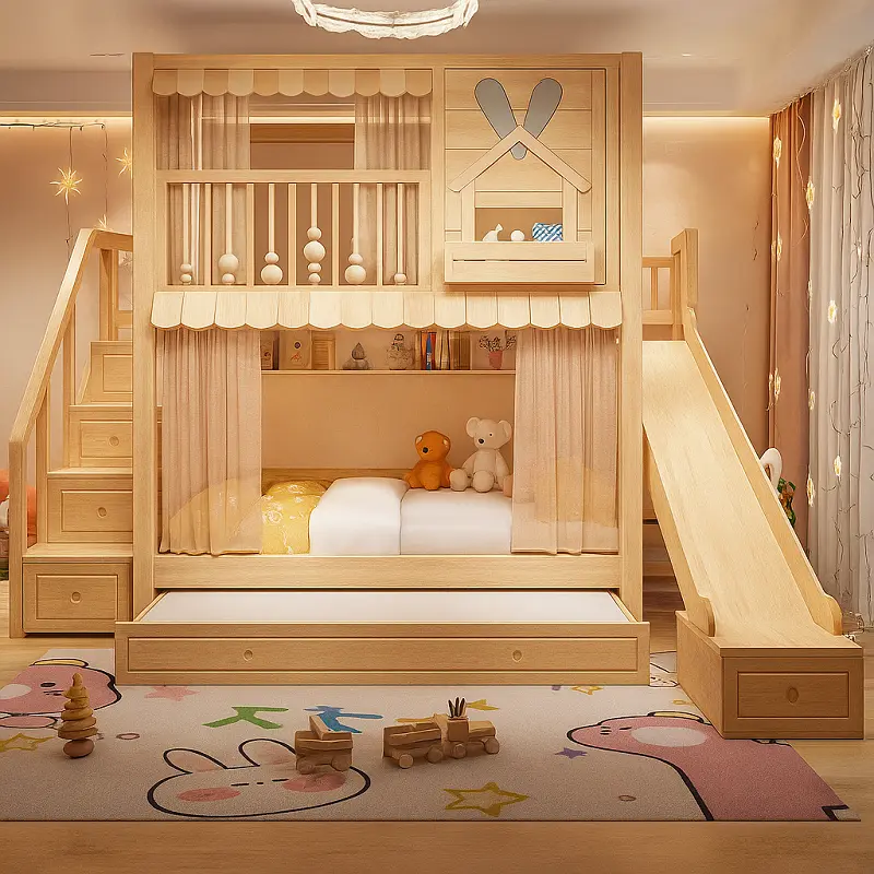 سرير-اطفال (5) سرير أطفال دورين مريح – تصميم آمن بزاوية ناعمة – خشب متين وسلال تخزين – مثالي للمساحات الصغيرة