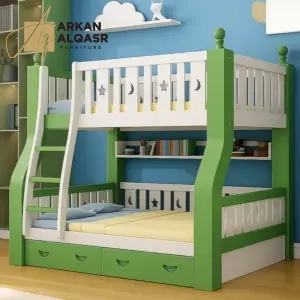 سرير دورين أطفال خشبي بتصميم نموذجي – سلم جانبي آمن – لون أبيض – ضمان سنتين