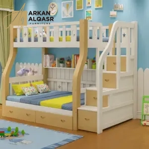 سرير دورين أطفال خشبي بتصميم نموذجي – سلم جانبي آمن – لون أبيض – ضمان سنتين