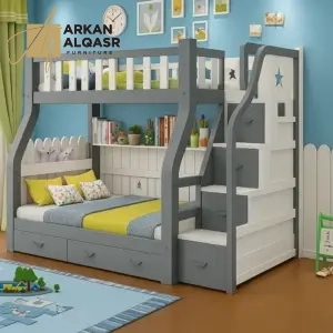 سرير دورين أطفال خشبي بتصميم نموذجي – سلم جانبي آمن – لون أبيض – ضمان سنتين