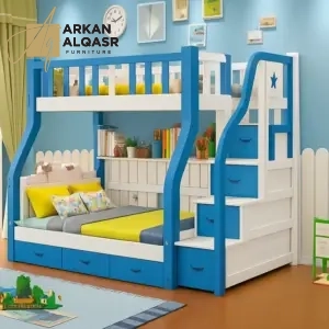 سرير دورين أطفال خشبي بتصميم نموذجي – سلم جانبي آمن – لون أبيض – ضمان سنتين