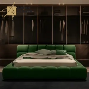 سرير مزدوج بتنجيد قماشي فاخر – تصميم عصري مع لوح رأس مبطن – هيكل خشبي متين – ألوان متعددة