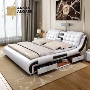 سرير مودرن جلد مع طاولتين كومودينة