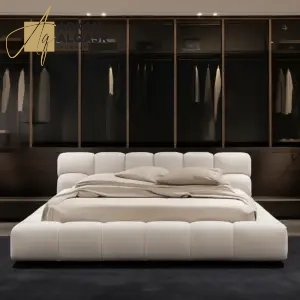 سرير مزدوج بتنجيد قماشي فاخر – تصميم عصري مع لوح رأس مبطن – هيكل خشبي متين – ألوان متعددة