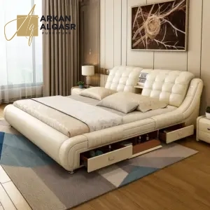 سرير مودرن جلد مع طاولتين كومودينة