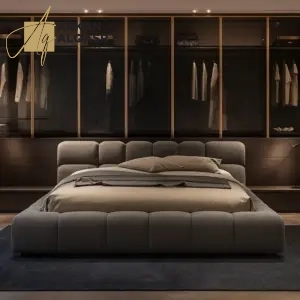 سرير مزدوج بتنجيد قماشي فاخر – تصميم عصري مع لوح رأس مبطن – هيكل خشبي متين – ألوان متعددة