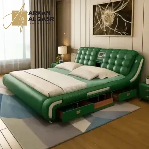 سرير مودرن جلد مع طاولتين كومودينة