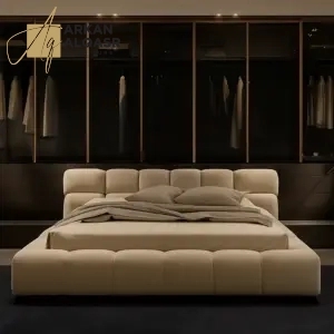 سرير مزدوج بتنجيد قماشي فاخر – تصميم عصري مع لوح رأس مبطن – هيكل خشبي متين – ألوان متعددة