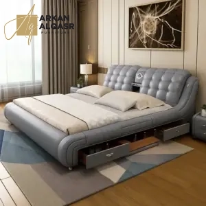 سرير مودرن جلد مع طاولتين كومودينة