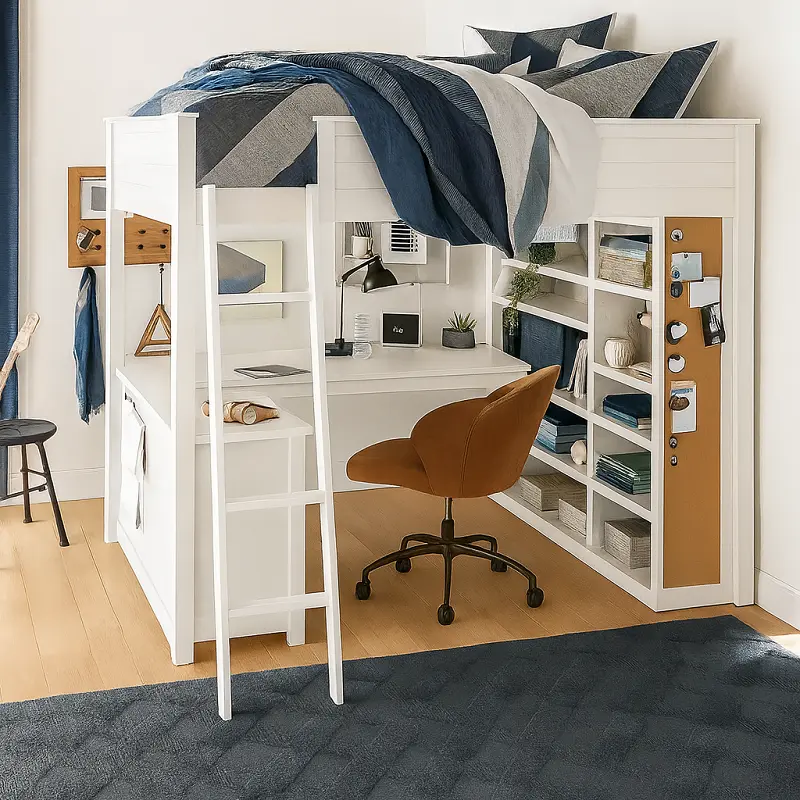سرير-اطفال (1) سرير أطفال مرتفع – مكتب مدمج وأرفف تخزين – مثالي للنوم والدراسة – هيكل خشبي متين