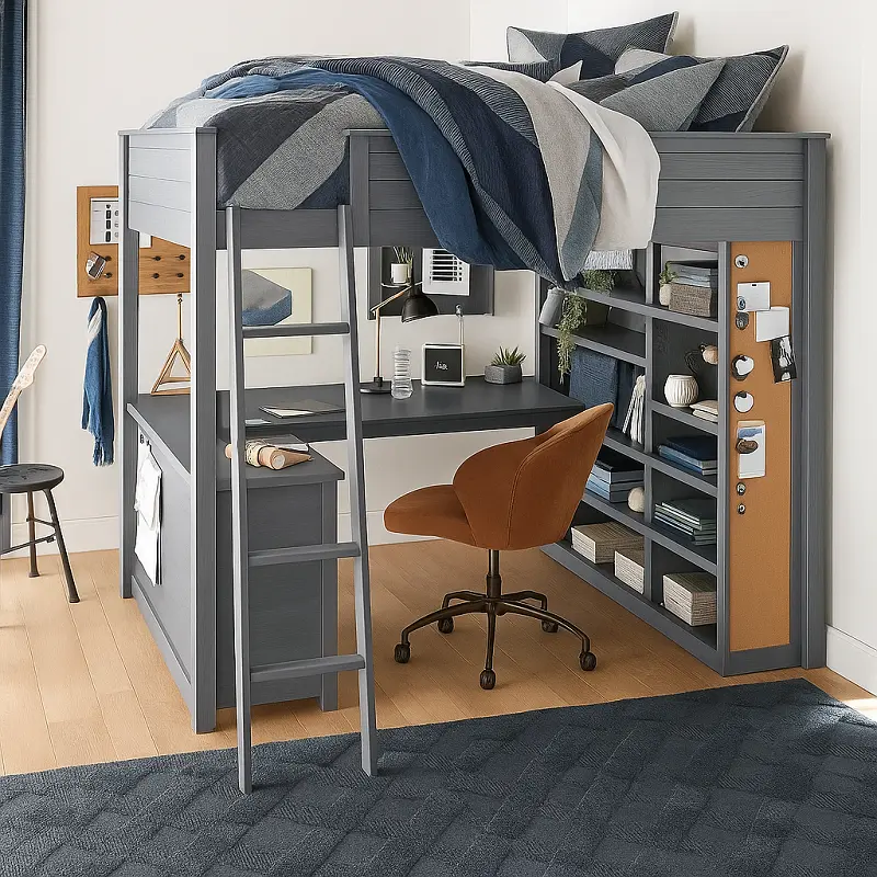 سرير-اطفال (2) سرير أطفال مرتفع – مكتب مدمج وأرفف تخزين – مثالي للنوم والدراسة – هيكل خشبي متين