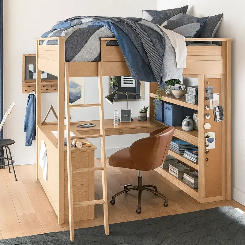 سرير-اطفال (3) سرير أطفال مرتفع – مكتب مدمج وأرفف تخزين – مثالي للنوم والدراسة – هيكل خشبي متين