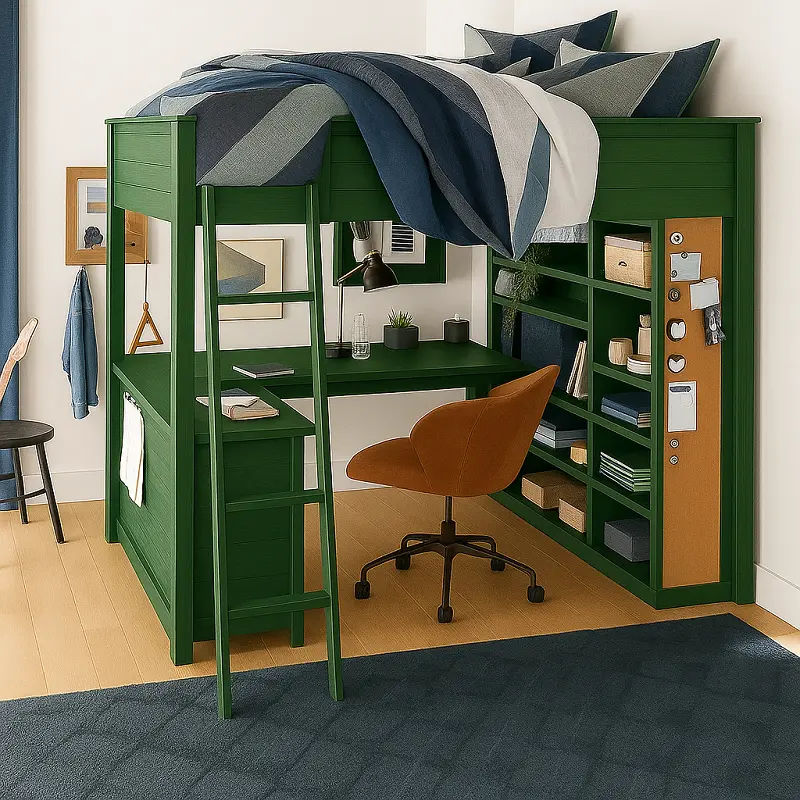 سرير-اطفال (4) سرير أطفال مرتفع – مكتب مدمج وأرفف تخزين – مثالي للنوم والدراسة – هيكل خشبي متين
