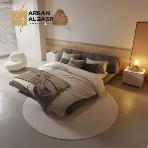 سرير غرفة نوم مع كمودينة بتصميم مميز