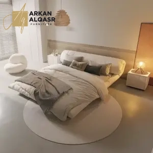 سرير غرفة نوم مع كمودينة بتصميم مميز