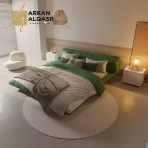 سرير غرفة نوم مع كمودينة بتصميم مميز